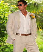 Linen Beach Suits for Men Wedding 2 Piece Summer Groom Tuxedo Custom Male Fashion Suit Jacket with Pants Notched Lapel Blazer